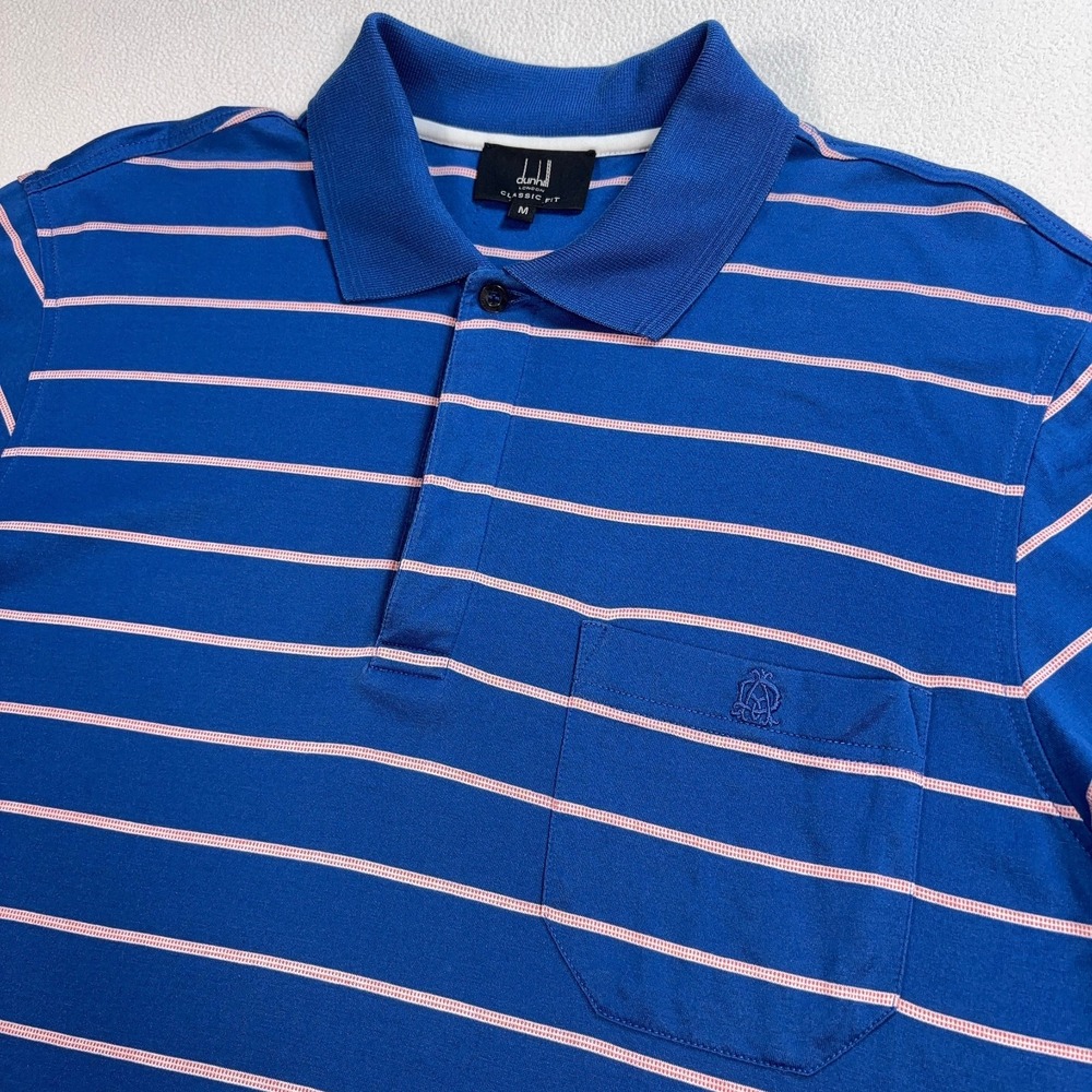 Dunhill Polo Shirt Men's M Blue Stripe Classic Fit Cotton Pocket Logo Golf‎